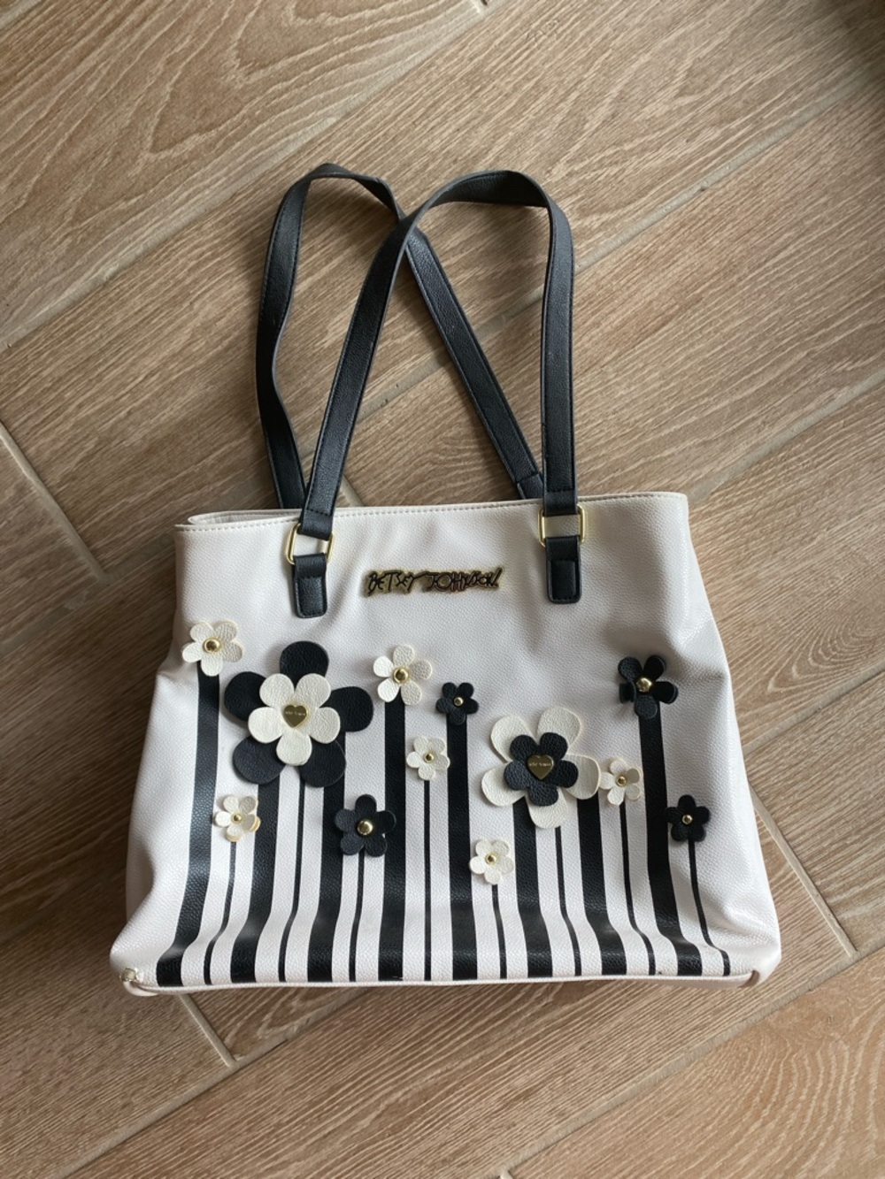 Betsey Johnson Cream and Black Floral Applique Tote